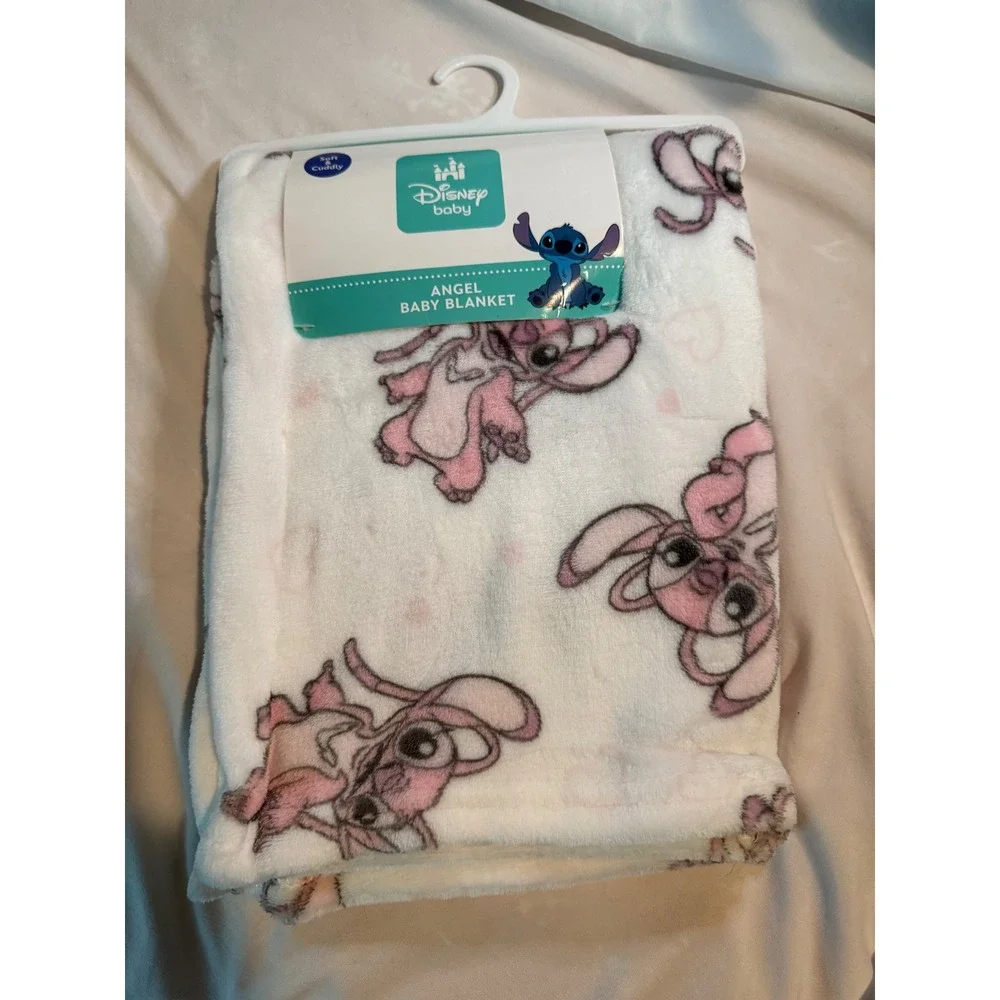 Disney Baby Angel Lilo & Stitch Fleece Blanket White Pink Hearts 30x40 NEW